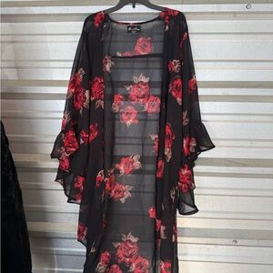 Sheer Black and Red Floral Robe
